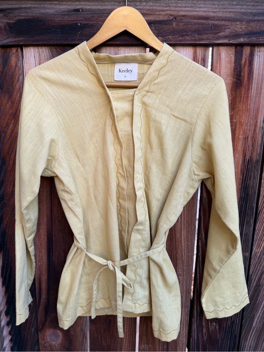 Vintage Keeley by Pilar Rossi Linen Wrap Jacket Wavy Trim Sage Chartreuse Yellow